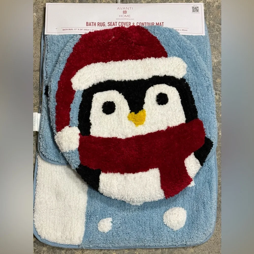 Avanti Home 3 Pc Penguin Santa Bath Mat, Contour Mat & Seat Cover - NWT
